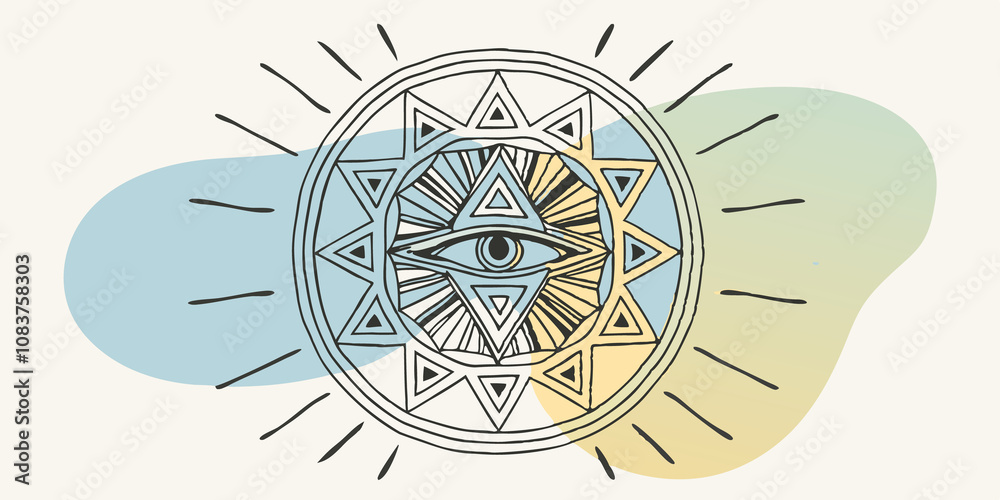 Poster Mystical Insight In a circular mandala of interlocking triangles an eye emerges from the center its design echoing the intricate patterns around it. Light beams shoot outward from