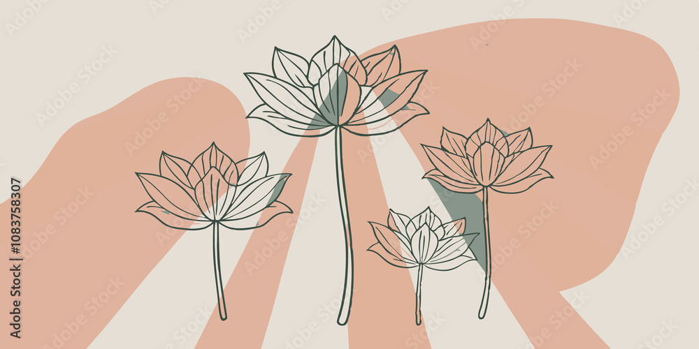 Poster Mystical Harmony Lotus flowers with intricate patterns and iridescent petals navigate through a sea of swirling cosmic mist where beams of colorful light intersect creating a