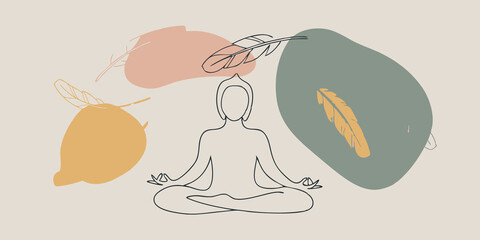 Natures Dance Imagine a centered figure meditating on a smooth stone while colorful feathers drift down from above circling around them like leaves in a gentle breeze symbolizing