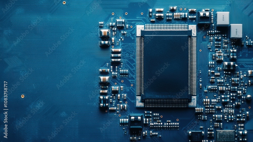 Poster close-up of gears and a microprocessor on a circuit board demonstrating advanced electronic componen