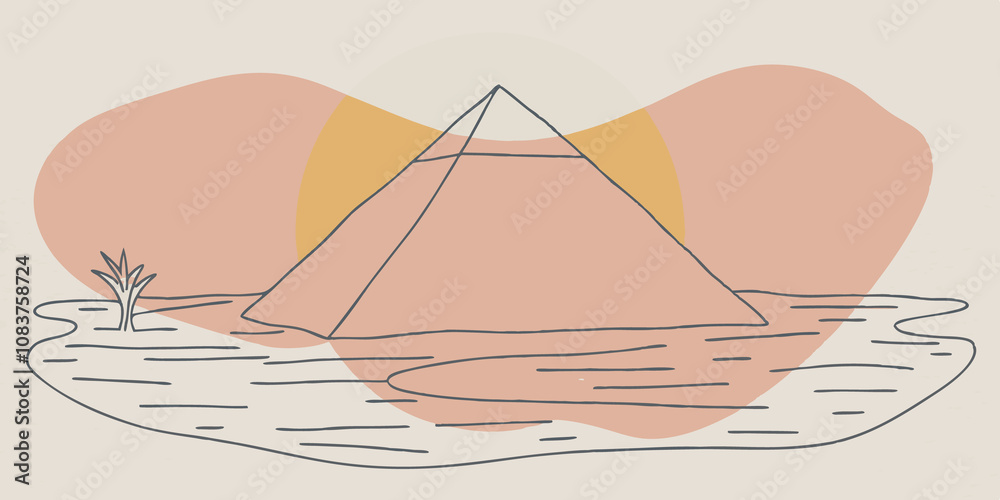 Aufkleber Oasis View In a sp desert landscape a lone pyramid stands watch over a small oasis. A dazzling beam of light emanates from the top reflecting off the water below and creating a