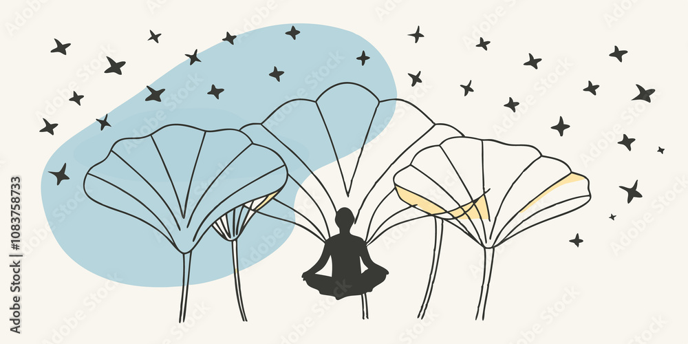 Poster Nighttime Serenity A silhouette of a person is seated a large luminescent petals that gently pulse with light creating a serene ambiance under a starry night sky filled with ling