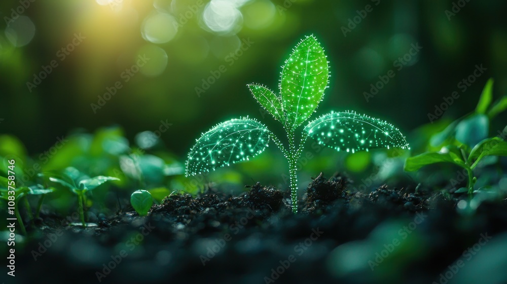 Aufkleber a glowing sprout emerges from the soil with green bokeh background