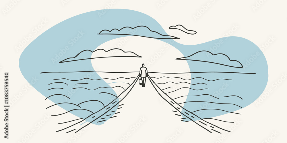 Poster Serene Reflection A peaceful path winds through a tranquil lake with the figure walking along its edge. The sky reflects the bright light above creating a serene atmosphere as the
