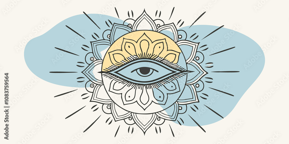 Poster serene watcher a calm blue eye nestled within a mandala of spirals and paisleys with light beams ema