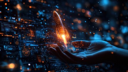 Hand holding a glowing rocket ship over digital interface