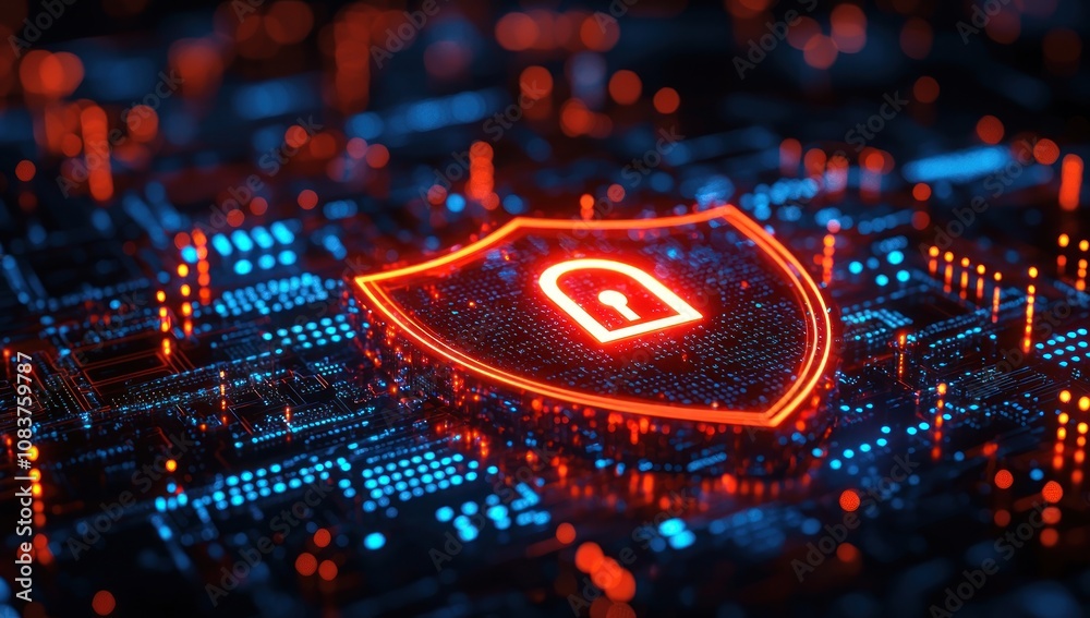 Aufkleber Red glowing shield with a padlock symbol on a circuit board