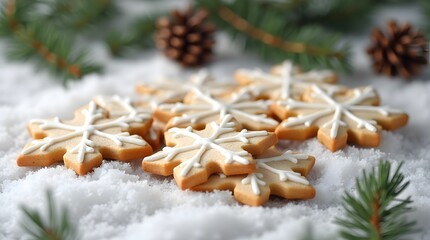 A gingerbread cookie in white glaze in the shape of a snowflake lies on the snow in pine branches.