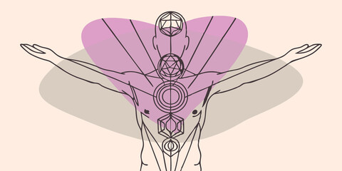 Obraz premium Spiritual Alignment A reflective figure stands with arms raised wearing the glowing pendant that features a series of concentric geometric shapes. The light emanating from the