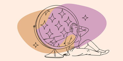 Starry Soliloquy A figure reclines against a mirrored surface surrounded by glowing orbs of starlight that seem to emanate from the mirror itself reflecting their thoughts and