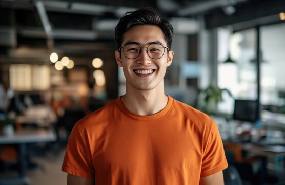 handsome young Asian man wearing an orange shirt and glasses smiles while standing in the office