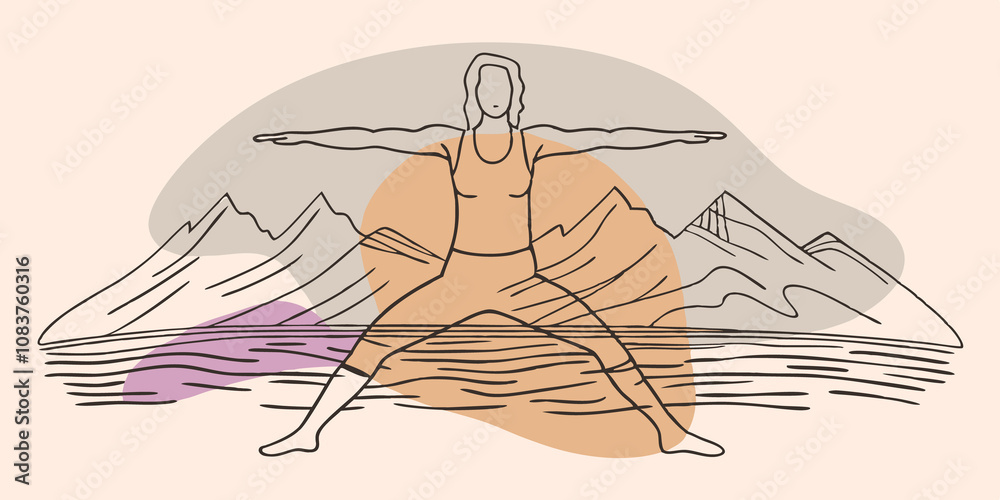 Aufkleber Sunset Warrior A practitioner transitions into a warrior pose arms extended wide against the backdrop of a breathtaking sunset. The silhouette of the mountains rises in the