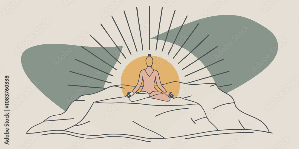 Aufkleber Symbol of Light A figure sitting on a cliff edge backlit by the rising sun with rays stretching out like fingers across the sky symbolizing inner strength and spiritual awakening.