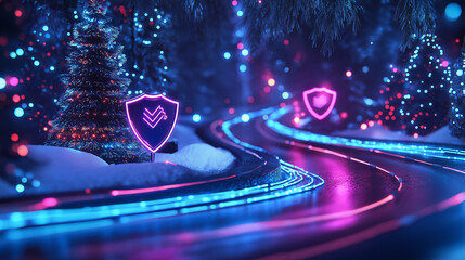 Cybersecurity-Themed Christmas Landscape with Neon Elements