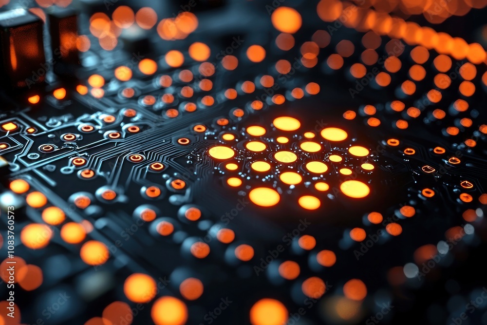 Poster close-up of a circuit board with glowing orange circles