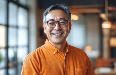 Fototapeta premium handsome young Asian man wearing an orange shirt and glasses smiles while standing in the office
