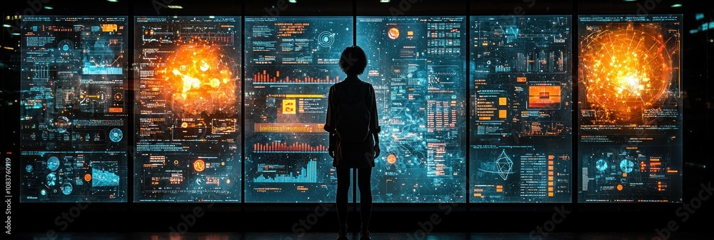 Poster a silhouette of a person standing before a wall of glowing digital data