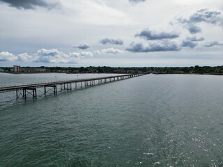 High Angle View of Hythe Town's Ocean and Beach in Kent, England Great Britain. Aerial Footage Was...