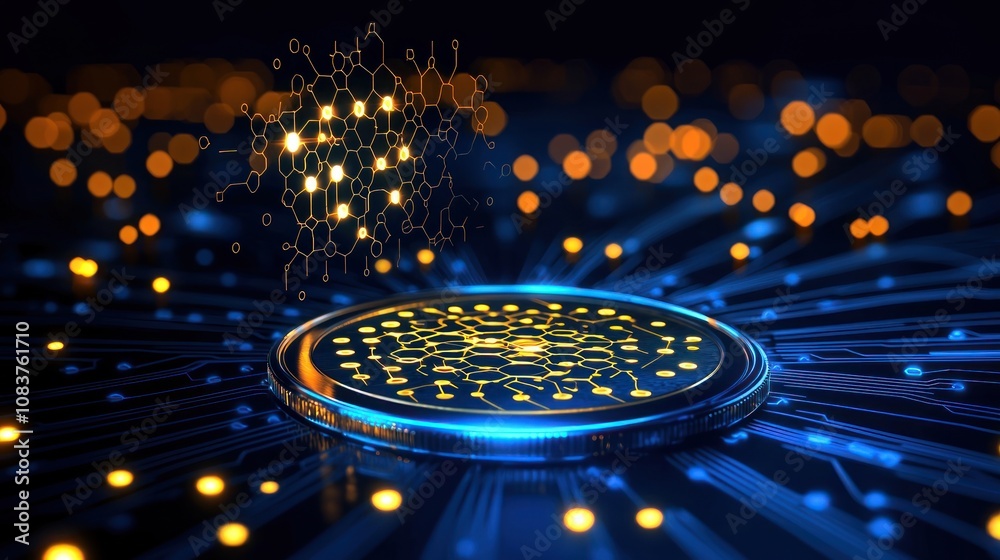 Poster A Cryptocurrency Coin with Glowing Hexagon Network on a Circuit Board