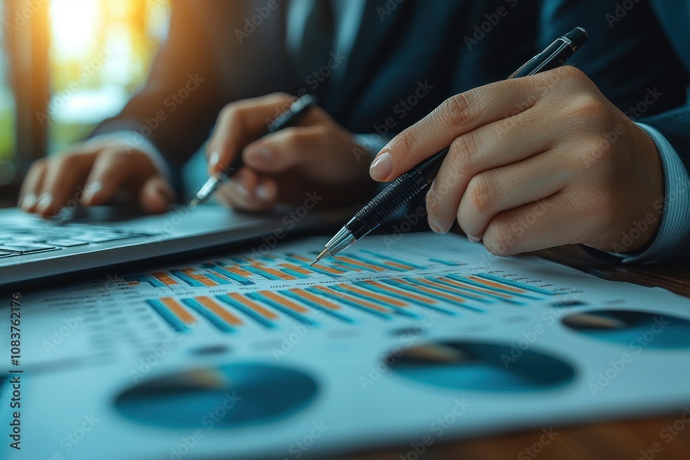 Poster close-up of a hand analyzing financial data with a pen