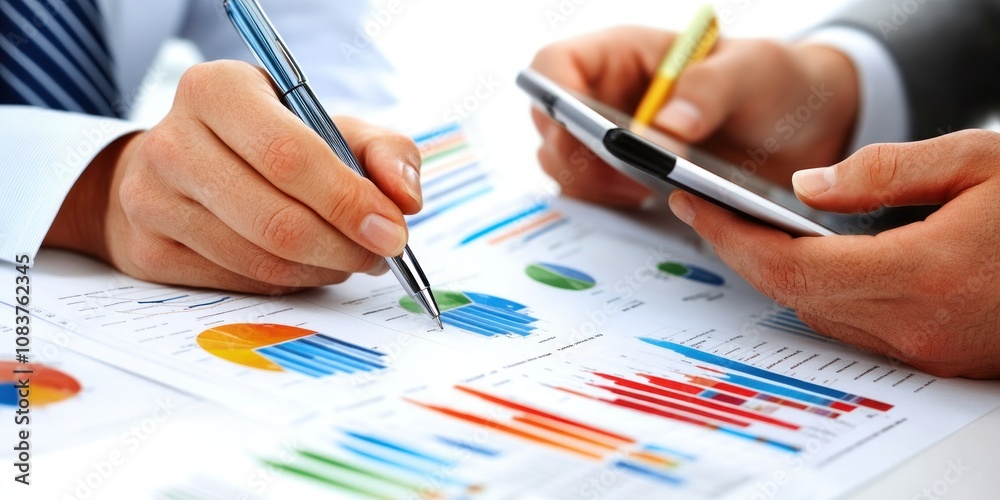 Poster close-up of hands analyzing financial data with a pen and smartphone