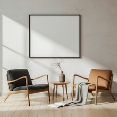 Fototapeta premium An empty or blank poster frame above the sofa on the white colour wall in the living room 3d illustration image.