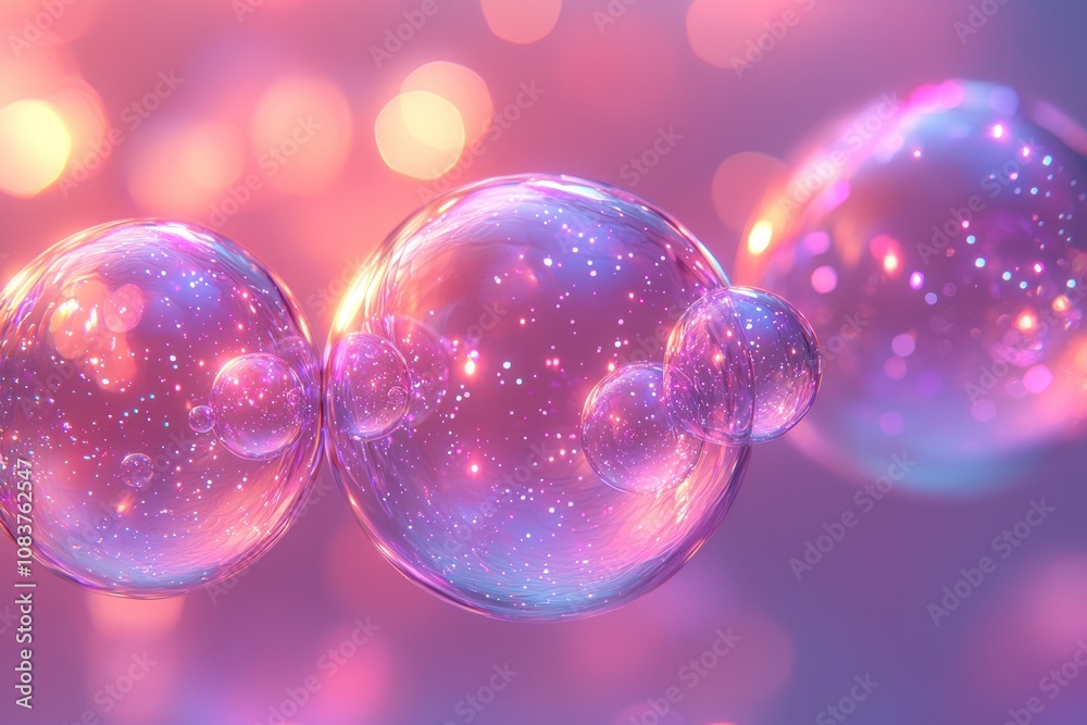 Poster shimmering pink and purple bubbles with sparkles and bokeh