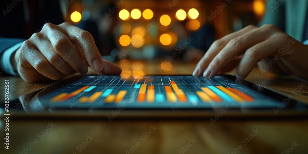 Poster Close-up of hands interacting with a tablet displaying data visualizations