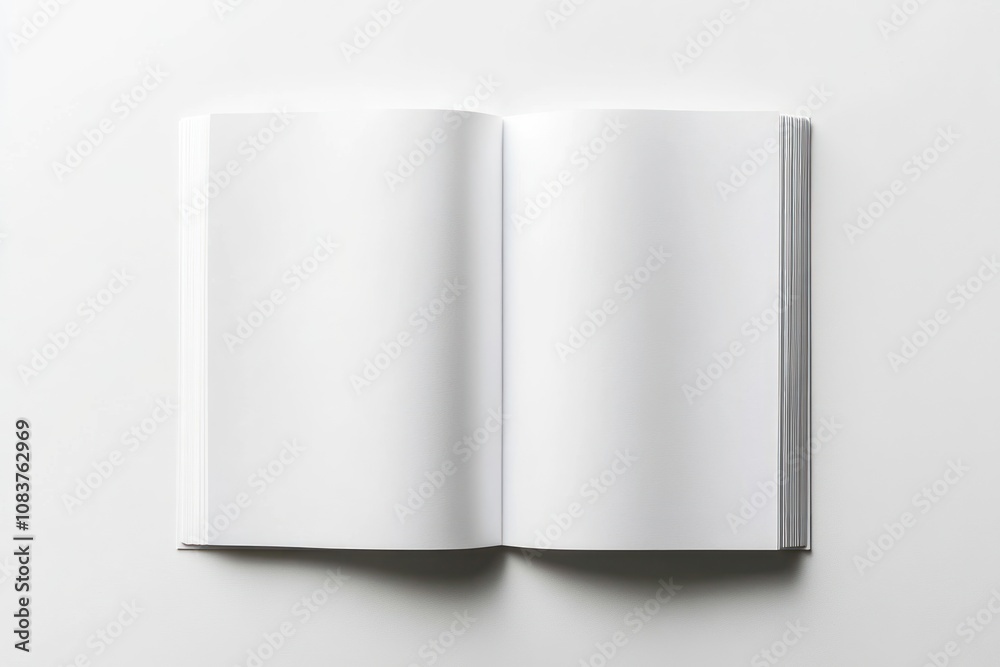 Poster an open book with blank pages on a white surface