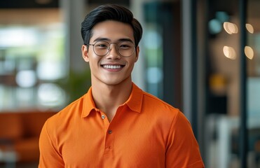 Obraz premium handsome young Asian man wearing an orange shirt and glasses smiles while standing in the office