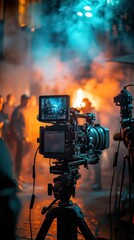 Fototapeta premium Film production scene with cameras capturing action in a smoky, vibrant setting, emphasizing the art and energy of filmmaking.