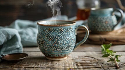 Fototapeta premium Decorative Blue Mug with Steam Rising, Surrounded by Herbal Ingredients on Rustic Wooden Table, Inviting and Cozy Coffee or Tea Scene for Relaxation and Enjoyment