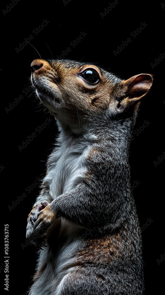 Poster a close-up portrait of a squirrel against a dark background, showcasing its features.