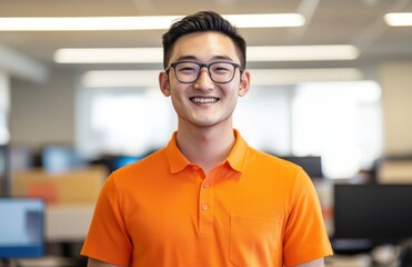 Obraz premium handsome young Asian man wearing an orange shirt and glasses smiles while standing in the office