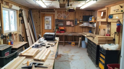 Bright and Organized Woodworking Workshop Showcasing Tools and Materials, Featuring Workbench, Cabinets, and Natural Light Enhancements for Crafting Excellence