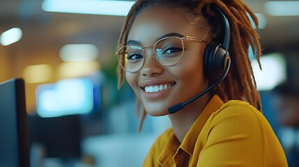 Friendly call center African American woman in business casual attire, wearing a headset and assisting a customer with a warm smile