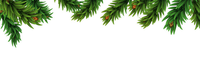 Green pine twigs for Christmas garland isolated PNG. Holiday border with green fir branches