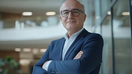 Fototapeta premium Portrait of successful mature boss, senior businessman in glasses and business suit looking at camera and smiling, man with crossed arms working inside modern office building
