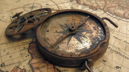 Fototapeta premium Vintage Compass on Antique Map, Evoking Exploration and Adventure in Historical Navigation, Perfect for Travel-themed Projects and Historical References