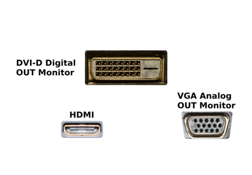 Monitor out ports, dvi, vga, d-sub, hdmi. On isolated transparent background.
