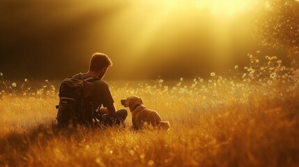 Hiker with backpack and dog resting in a meadow