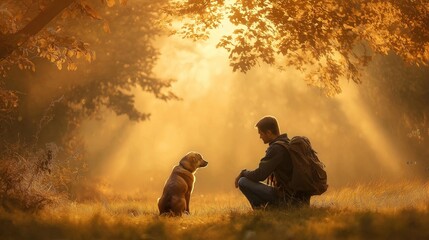 Hiker with backpack and dog resting in a meadow