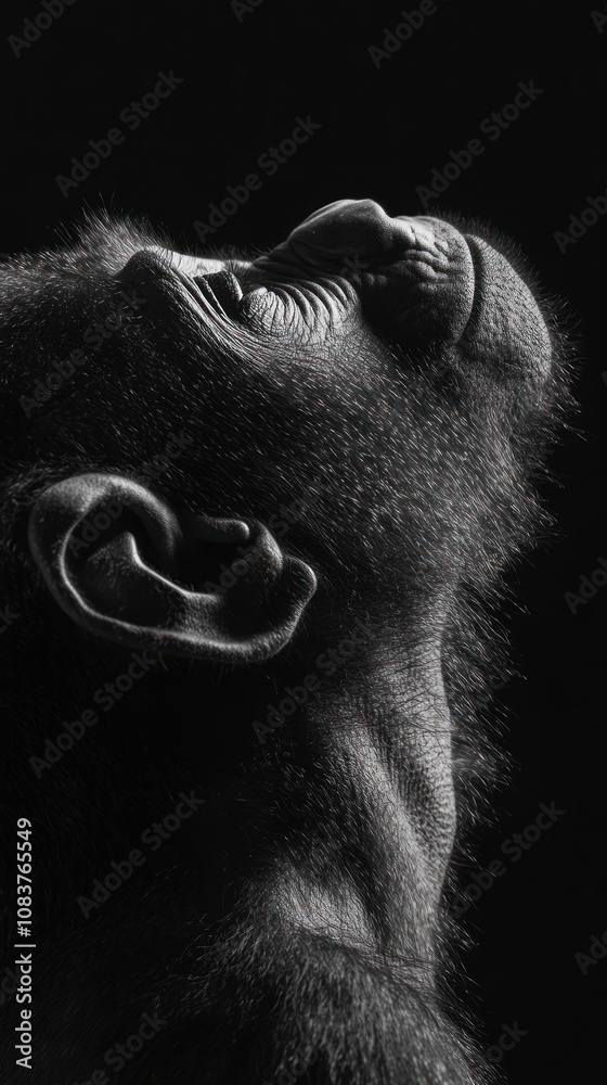 Poster a close-up of a monkey's face, showcasing its expressive features against a dark background.