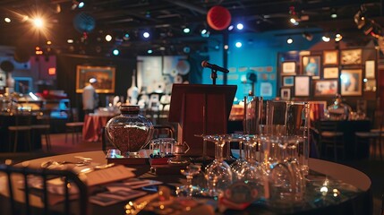 A detailed shot of a charity auction event with a stage, auctioneera??s podium, and items displayed for bidding on tables.