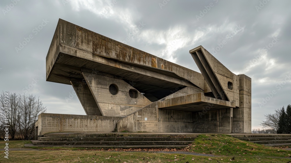 Poster abstract concrete structure with unique angles and textures under a cloudy sky, showcasing brutalist