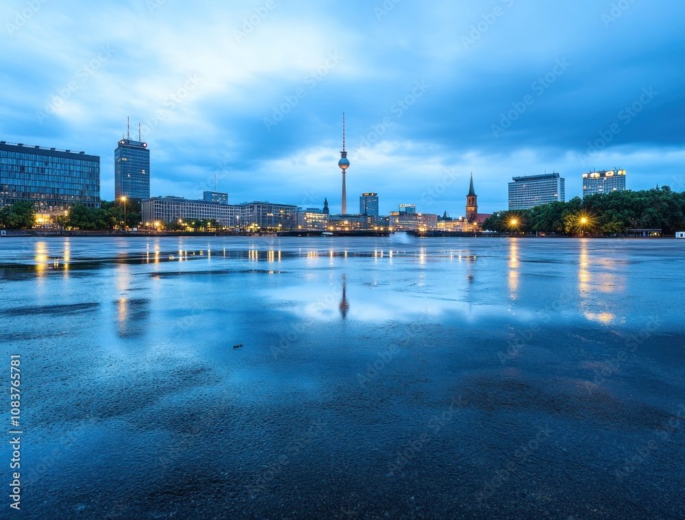 Poster a serene cityscape at dusk with reflections on wet pavement and a skyline featuring a tower.
