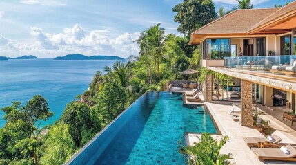 Obraz premium Luxurious Coastal Villa with Infinity Pool Overlooking Turquoise Ocean and Lush Greenery in Stunning Tropical Paradise Setting
