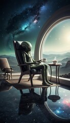 Alien, Extraterrestrial, Tea, Drinking, Space, Cosmic, Galactic, Nebulae, Stars, Peaceful, Serene, Otherworldly, Elegance, Tranquility, Ethereal, Astral, Chair, Seated, Relaxi image