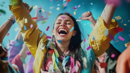 Obraz premium woman leads the festive, colorful confetti down in an office
