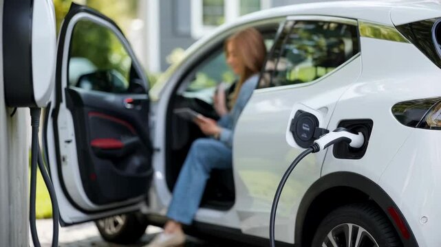 A woman charges an electric vehicle while using a tablet, showcasing modern technology.